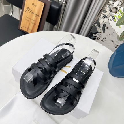 THE ROW 26S MINIMAL STRAPPY FLAT SANDALS IN BLACK CALFSKIN