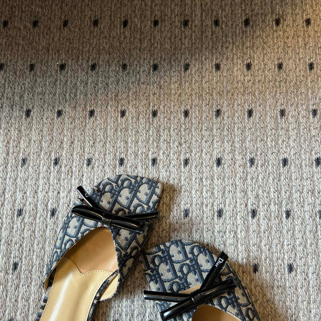 DIOR 26S OBLIQUE BOW MULE IN NAVY BLUE JACQUARD CANVAS
