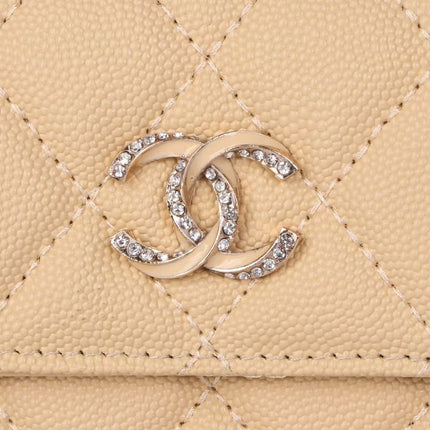 CHANEL FLAP CARD HOLDER IN BEIGE CAVIAR CALFSKIN WITH CRYSTAL EMBOSSED LOGO