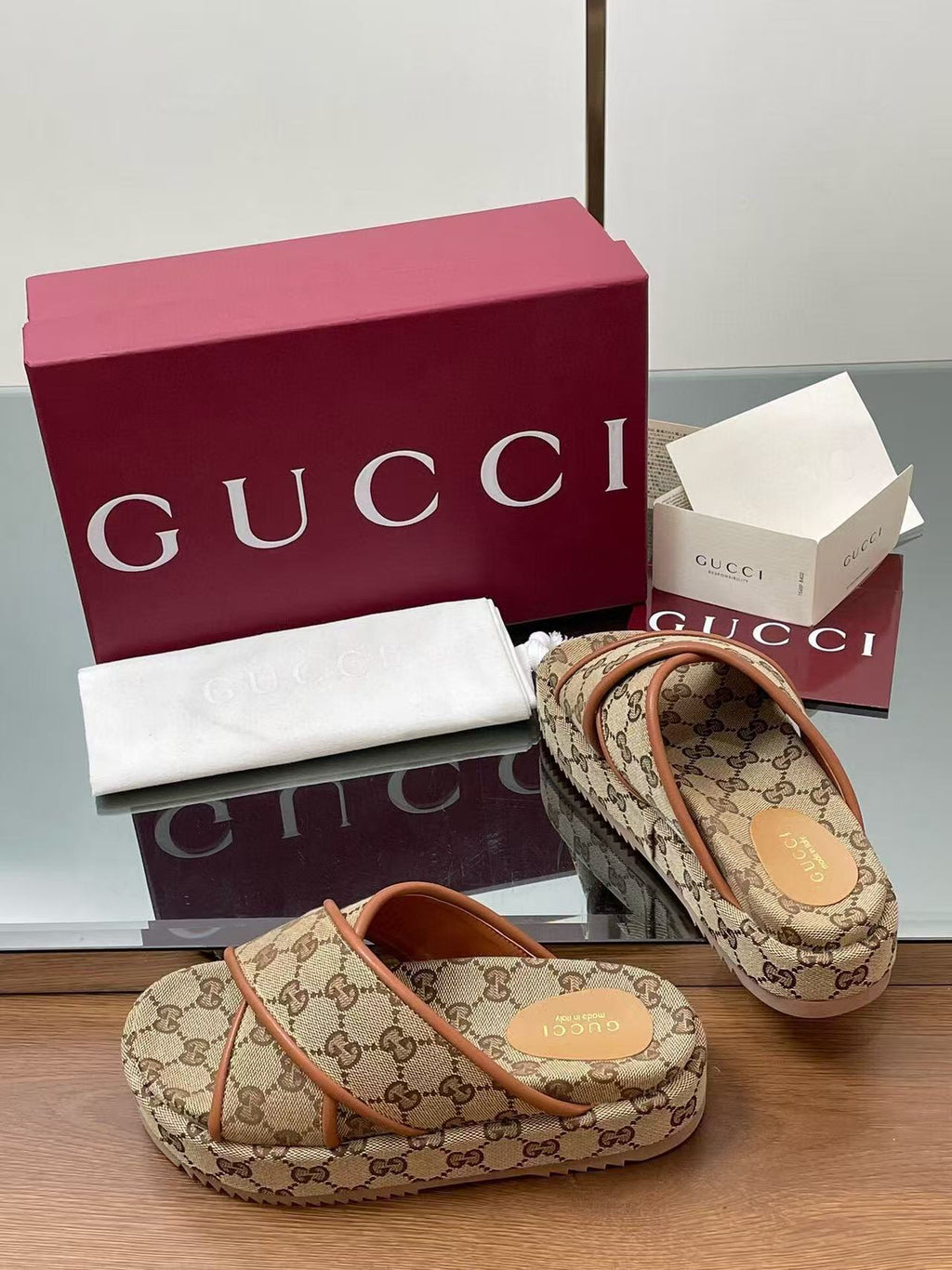 GG PLATFORM SANDALS IN BEIGE AND DARK BROWN GG CANVAS