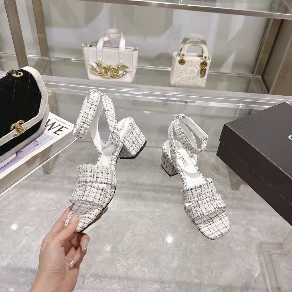 CC HIGH-HEELED SANDALS IN BLACK AND WHITE TWEED