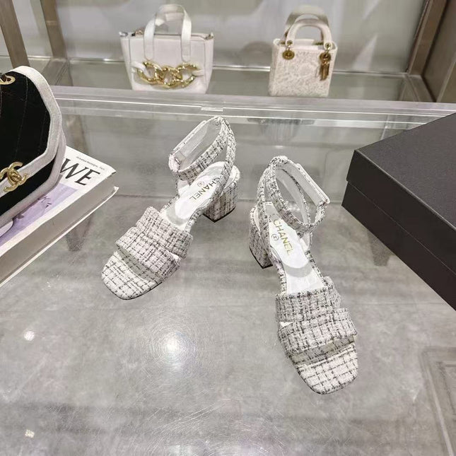CC HIGH-HEELED SANDALS IN BLACK AND WHITE TWEED