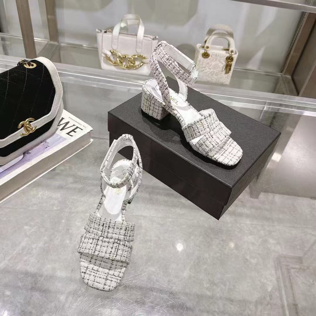 CC HIGH-HEELED SANDALS IN BLACK AND WHITE TWEED