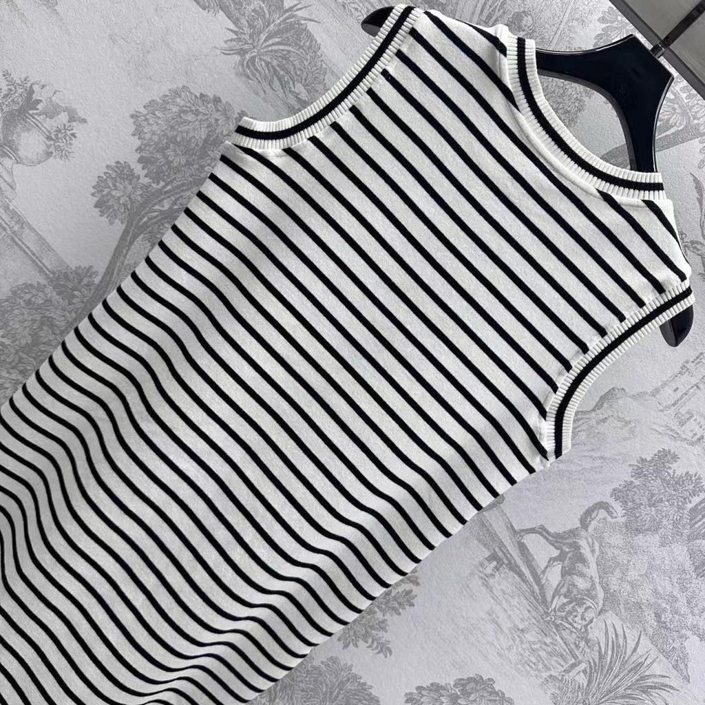 Triomphe Striped Mini Dress Black White Crocheted Cotton