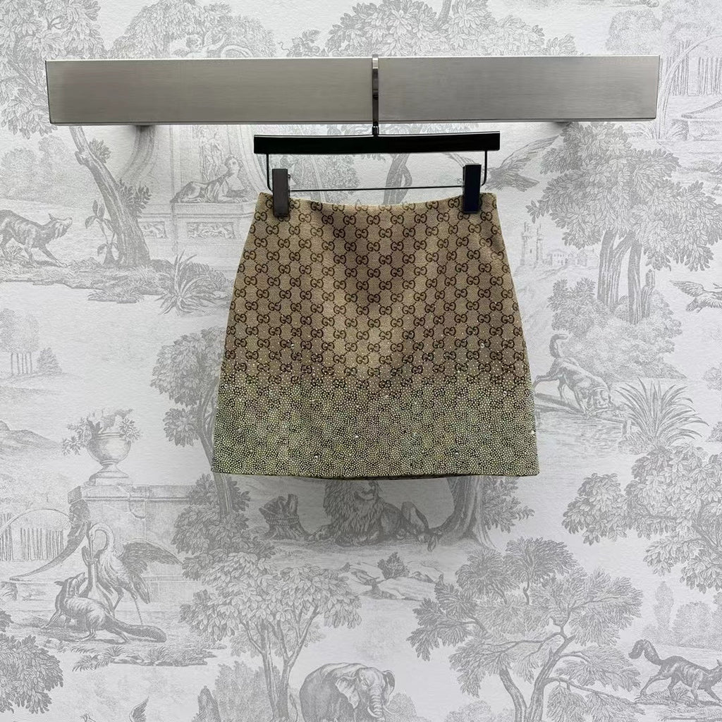 GG Brown Mix Light Green Canvas Mini Skirt With Embroidery