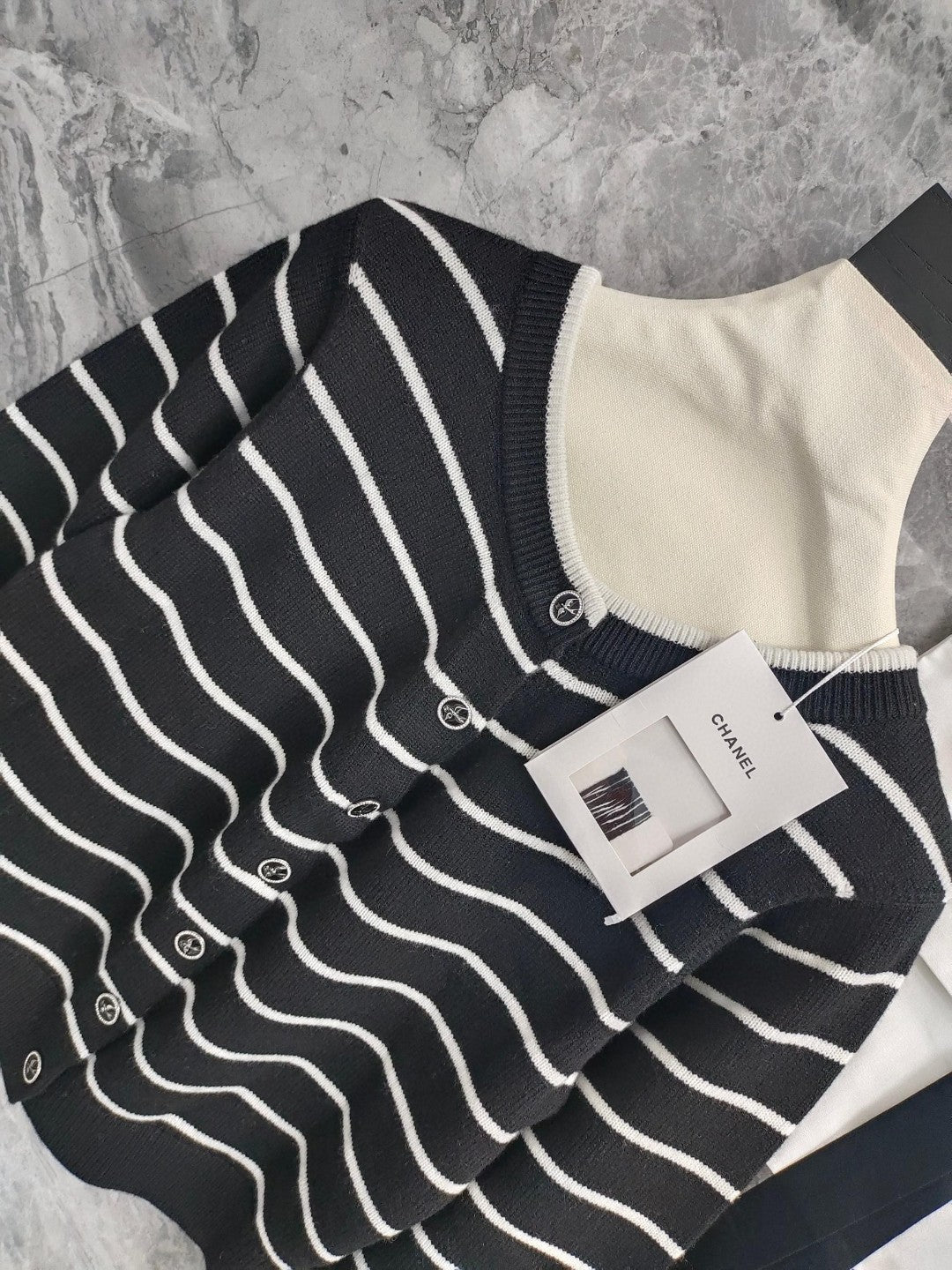 CC NAUTICAL CARDIGAN IN BLACK AND WHITE COTTON KNIT WITH STRIPED DESIGN WITH CC BUTTONS