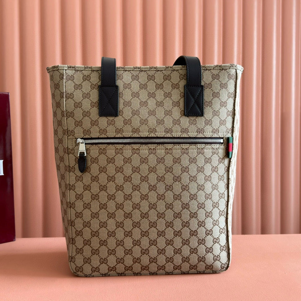 GG OPHIDIA FRONT ZIP POCKET TOTE BAG 36 IN BEIGE AND BROWN CANVAS