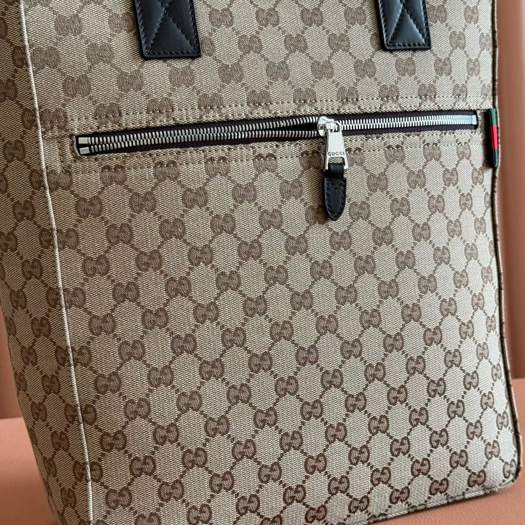 GG OPHIDIA FRONT ZIP POCKET TOTE BAG 36 IN BEIGE AND BROWN CANVAS