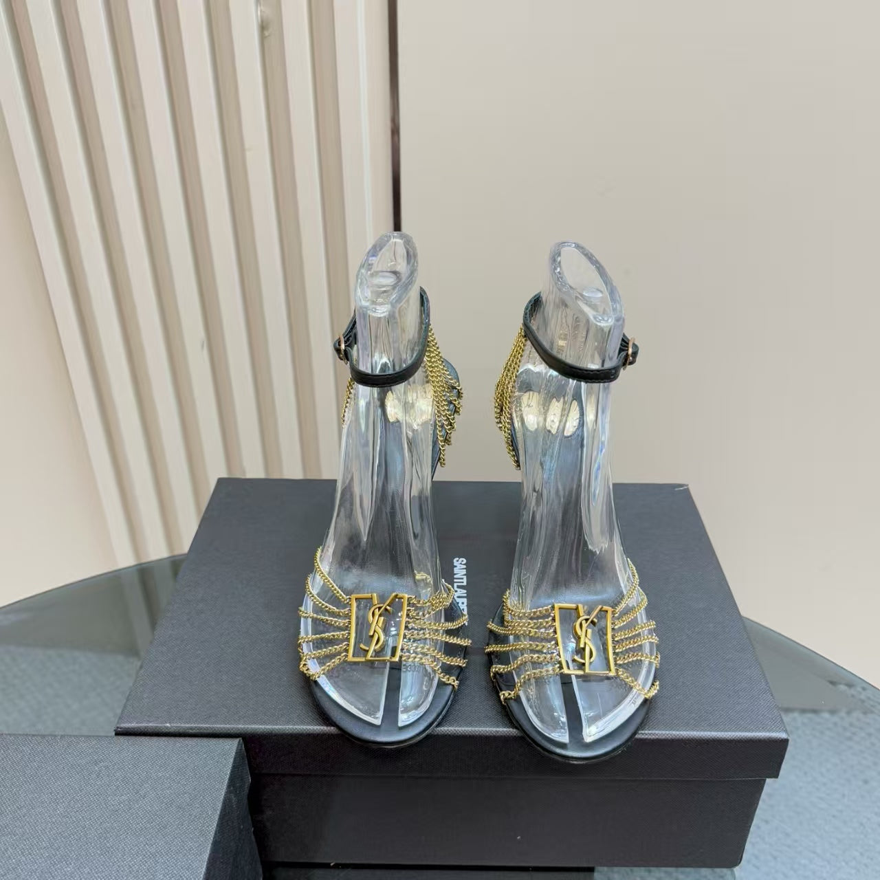 YSL HIGH HEEL CHAIN SANDALS IN BLACK CALFSKIN AND METAL