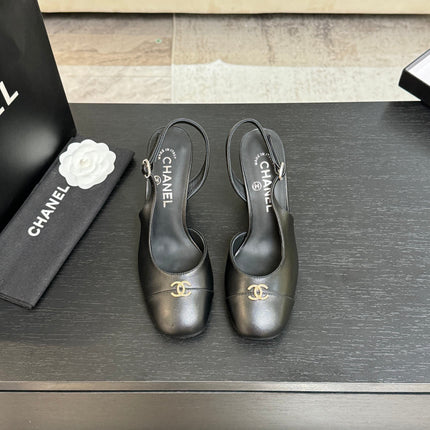 CHANEL SLINGBACK DOUBLE C BUCKLE IN BLACK CALFSKIN