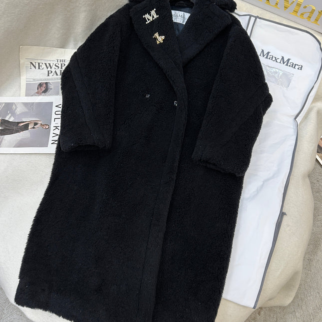 MAX MARA LONG COAT IN BLACK CASHMERE WITH CRYSTAL CHARM