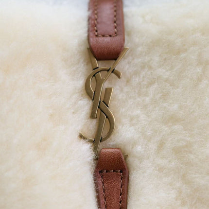 YSL LE 15 MINI SHEARLING BUCKET BAG IN CREAM BEIGE WITH LEATHER TRIM