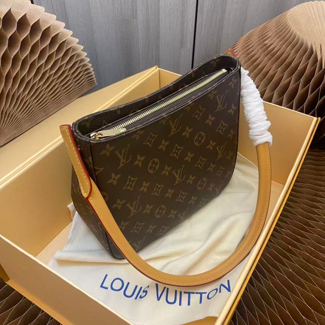 LV LOOPING SHOULDER BAG 25 IN BROWN MONOGRAM CANVAS GOLD-TONE HARDWARE.