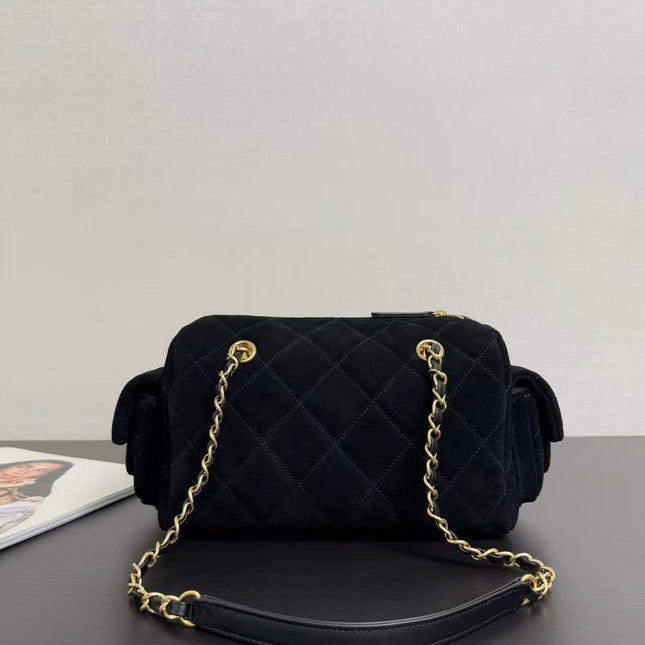CHANEL BOWLING BAG 24 IN BLACK SUEDE WITH ANTIQUE GOLD HARDWARE