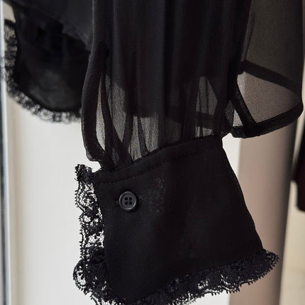 CHLOE RUFFLED LACE-TRIMMED COLLAR SILK-CHIFFON BLOUSE IN BLACK