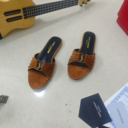 YSL BABYLONE SLIDES IN BROWN SUEDE GOLD HARDWARE