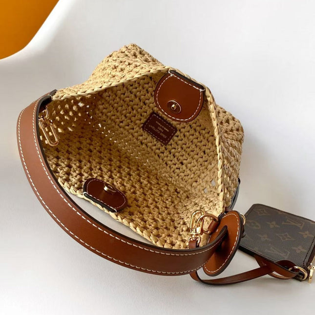 LV ALL IN BB HANDBAG 18 IN BEIGE WOVEN RAFFIA GOLD HARDWARE