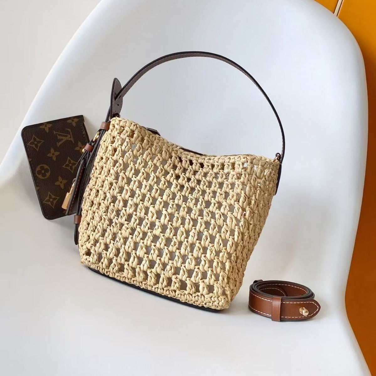 LV ALL IN BB HANDBAG 18 IN BEIGE WOVEN RAFFIA GOLD HARDWARE