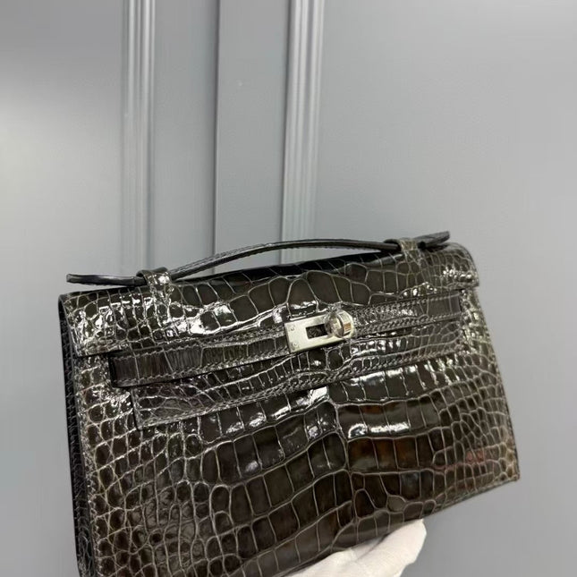 HM KELLY MINI 22 IN BROWN AMERICAN ALLIGATOR SILVER BUCKLE