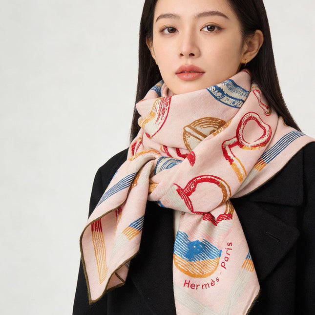 HERMES 26S PRINTED SQUARE SCARF 135 IN CASHMERE AND SILK 307237