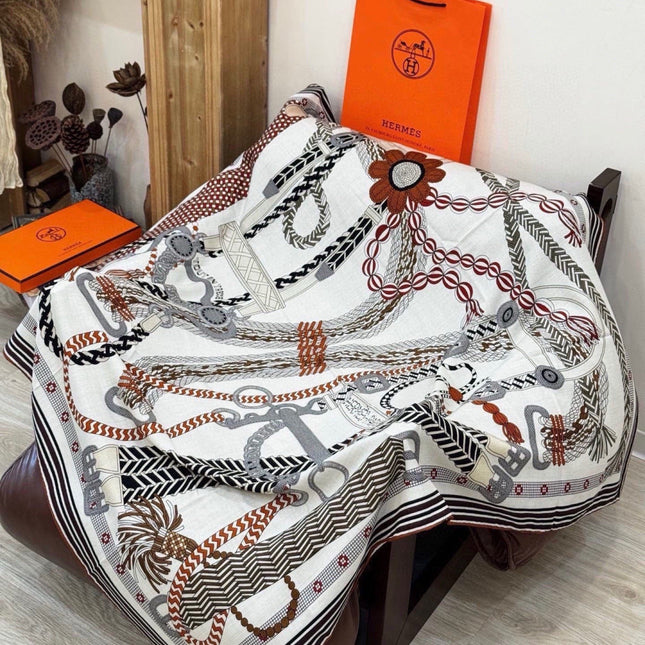 HERMES 26S PRINTED SQUARE SCARF 135 IN CASHMERE AND SILK 307243