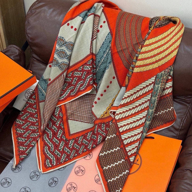 HERMES 26S PRINTED SQUARE SCARF 140 IN CASHMERE AND SILK 309321
