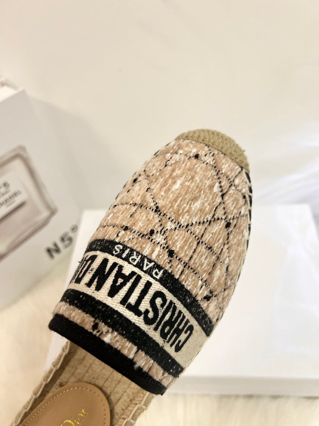 GRANVILLE ESPADRILLE CAMEL BEIGE OBLIQUE EMBROIDERED COTTON MULE
