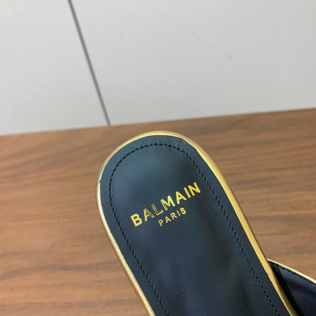 BALMAIN 26S B-BELT FLAT SANDALS IN METALLIC GOLD CALFSKIN
