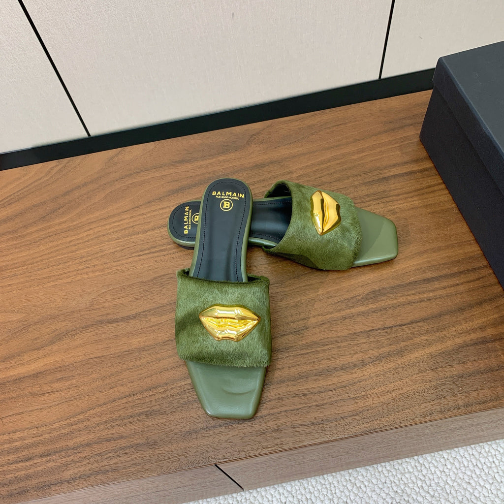BALMAIN 26S LIP-EMBELLISHED SLIDES IN OLIVE GREEN PONY HAIR WITH GOLD HARDWARE