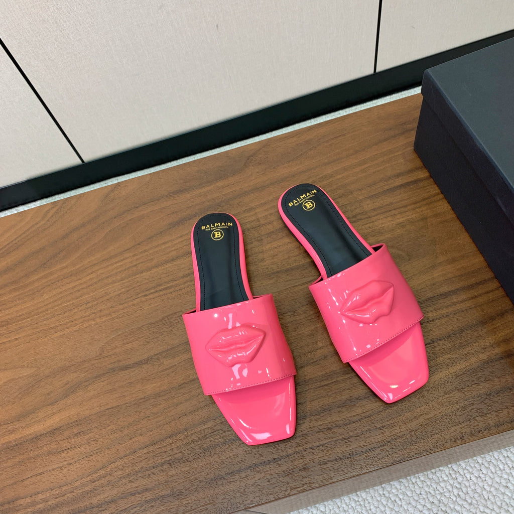 BALMAIN 26S LIP-EMBELLISHED SLIDES IN PINK PATENT CALFSKIN