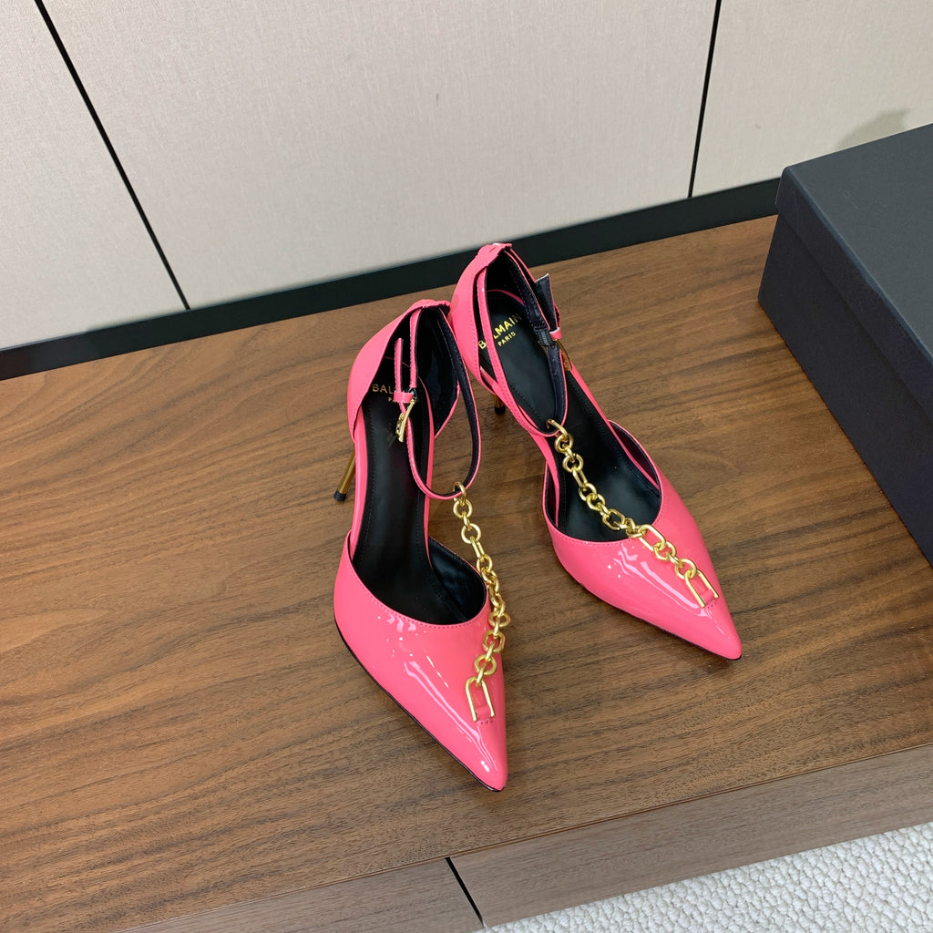 BALMAIN 26S CHAIN HIGH HEELS 95 MM IN PINK PATENT CALFSKIN