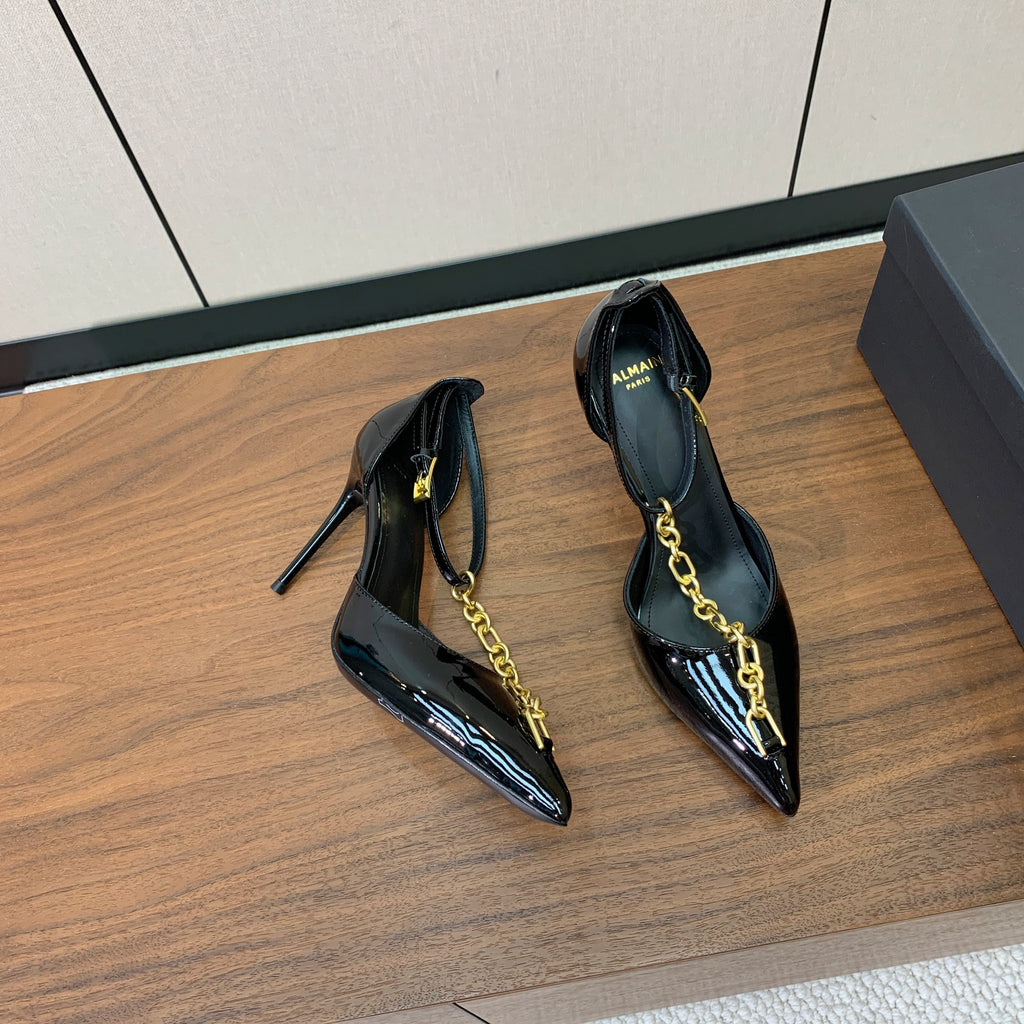 BALMAIN 26S CHAIN HIGH HEELS 95 MM IN BLACK PATENT CALFSKIN