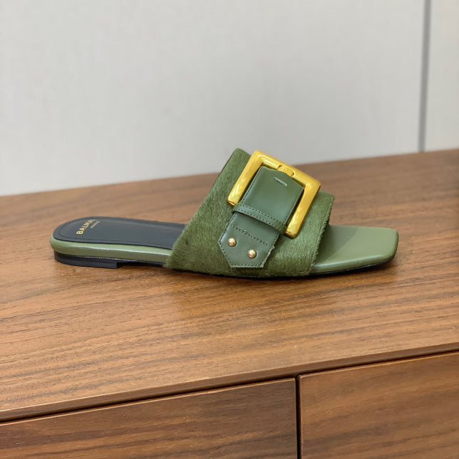 BALMAIN 26S B-BELT FLAT SANDALS IN OLIVE GREEN CALFSKIN AND PONY HAIR