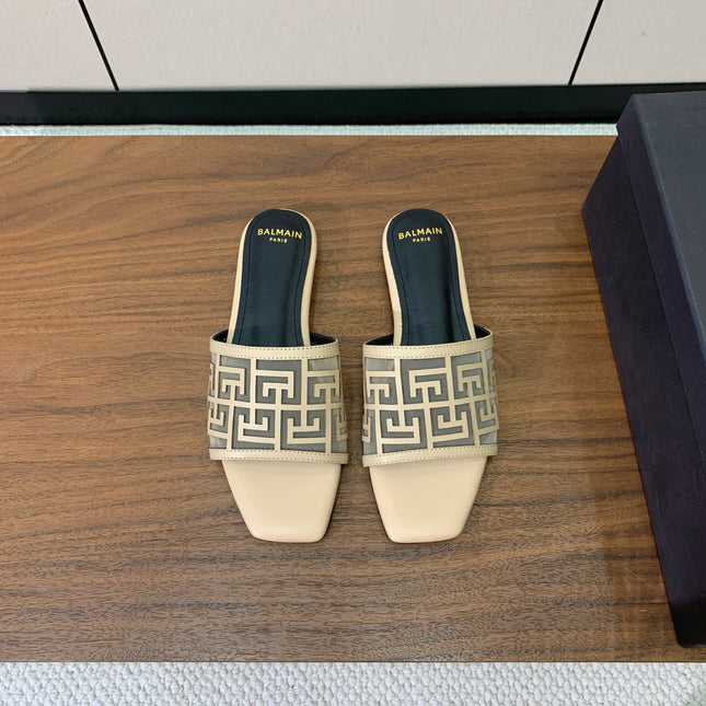 BALMAIN 26S FLAT SANDALS IN BEIGE CALFSKIN AND MESH