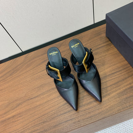 BALMAIN 26S HIGH-HEELED MULES 95 MM IN BLACK CALFSKIN AND PONY HAIR