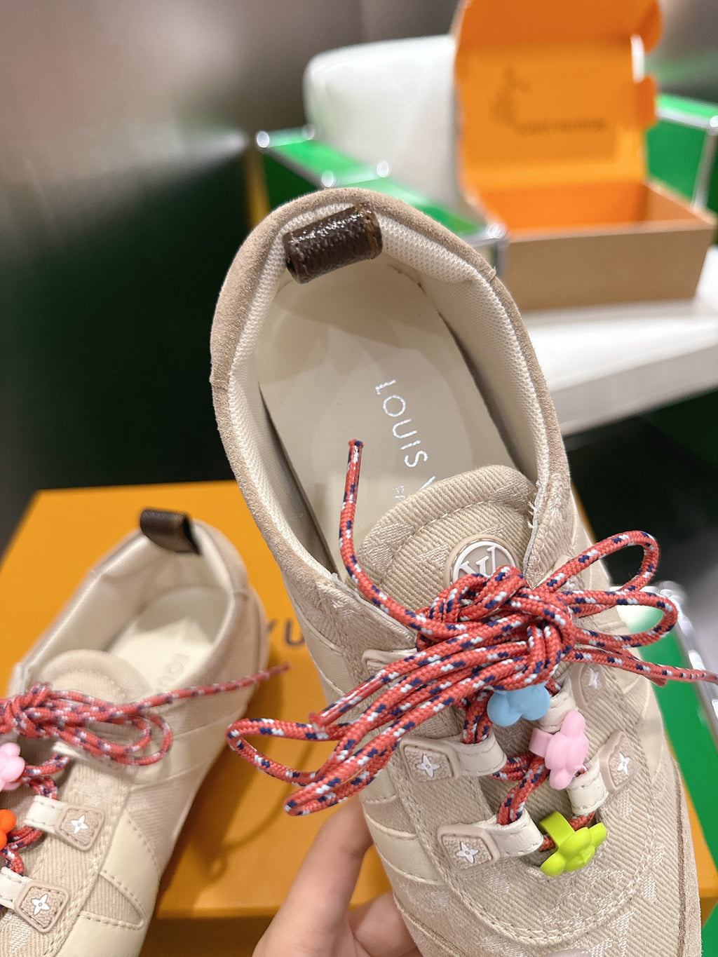 LV 26S SNEAKERS IN BEIGE DENIM AND SUEDE WITH FLOWER CHARM