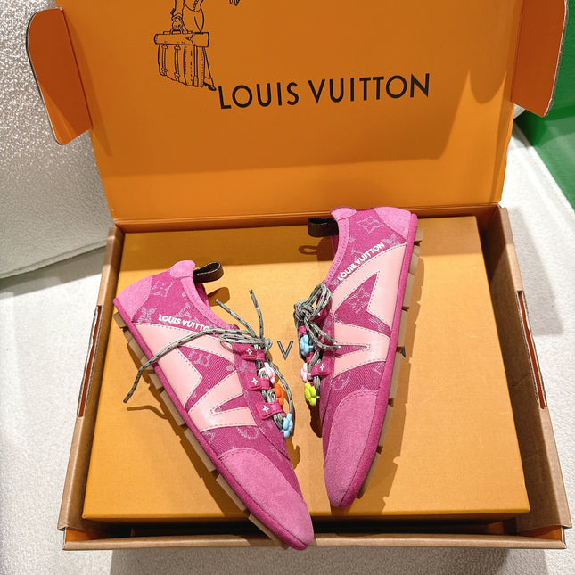 LV 26S SNEAKERS IN DARK PINK DENIM AND SUEDE WITH FLOWER CHARM