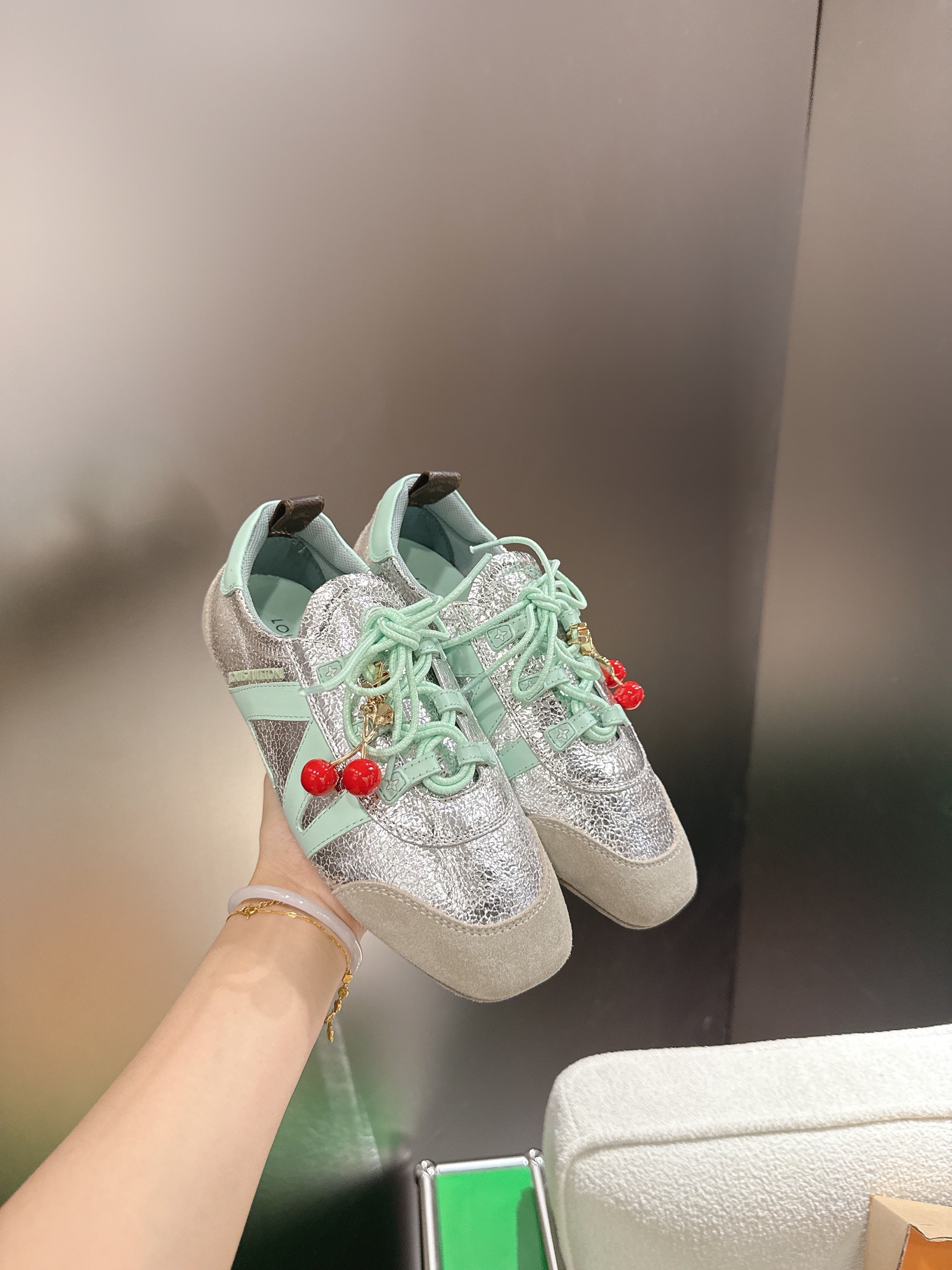 LV 26S SNEAKERS IN BEIGE SUEDE AND SILVER LAMBSKIN WITH CHERRY CHARM