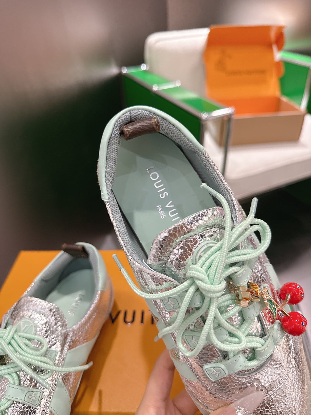 LV 26S SNEAKERS IN BEIGE SUEDE AND SILVER LAMBSKIN WITH CHERRY CHARM