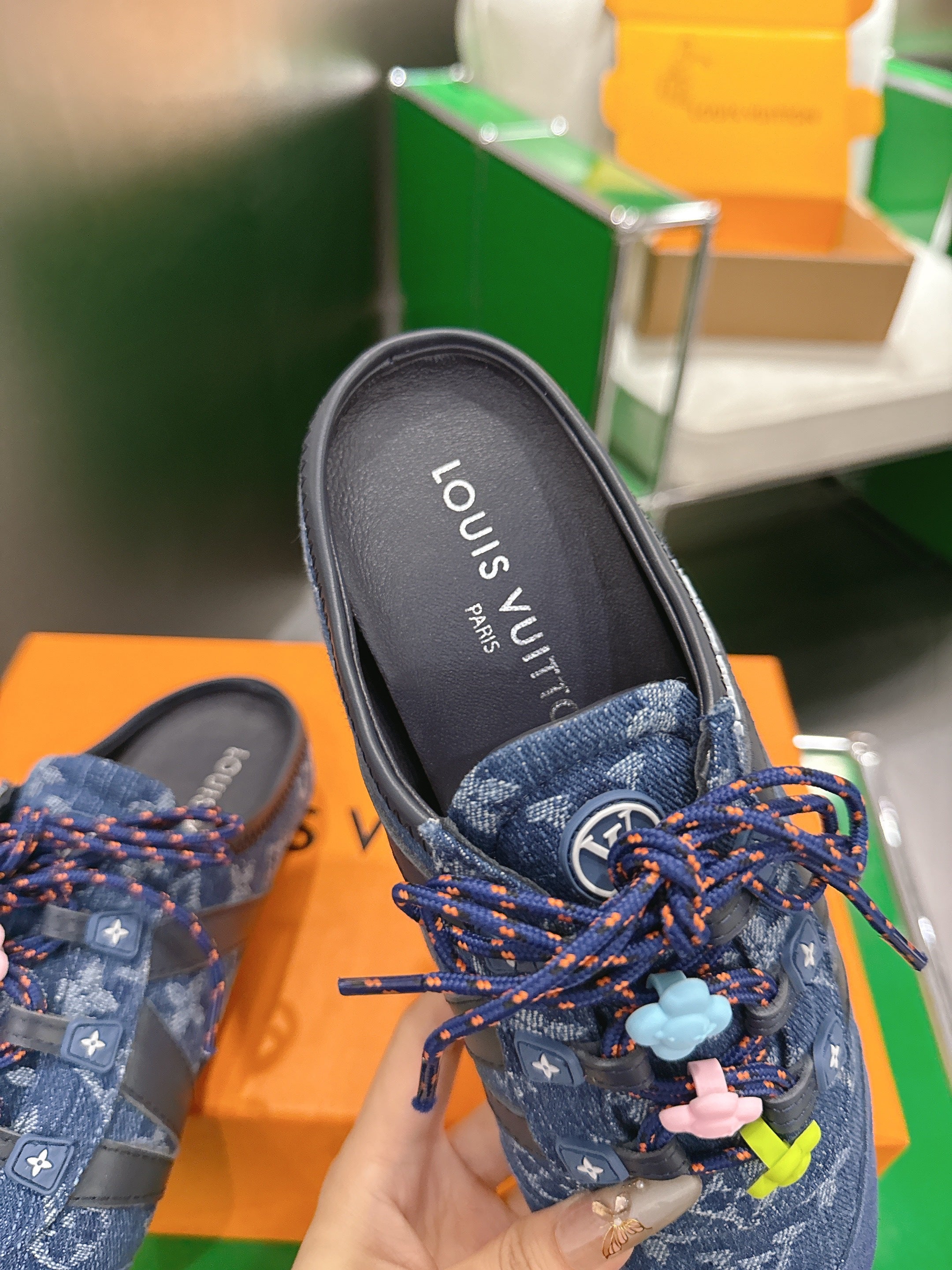 LV 26S MULE SNEAKERS IN BLUE DENIM AND SUEDE WITH FLOWER CHARM