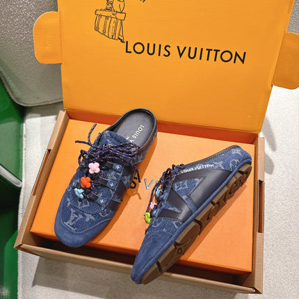 LV 26S MULE SNEAKERS IN BLUE DENIM AND SUEDE WITH FLOWER CHARM