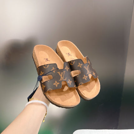 LV 26S SLIDES IN DARK BROWN COATED CANVAS