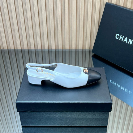 CHANEL 25S SLINGBACK SHOE 45MM IN WHITE CALFSKIN GOLD HARDWARE