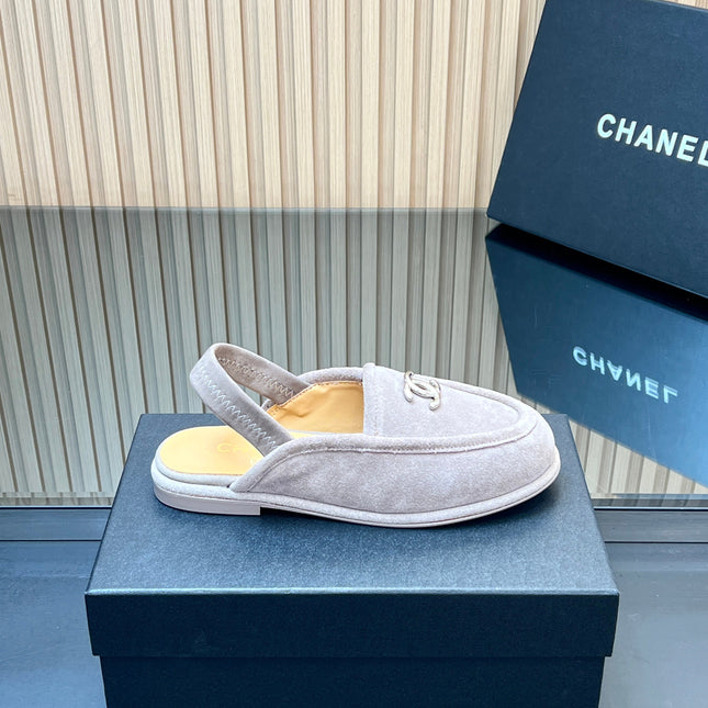CHANEL 25S BACK STRAP MULE 15MM IN LIGHT GRAY SUEDE SILVER HARDWARE