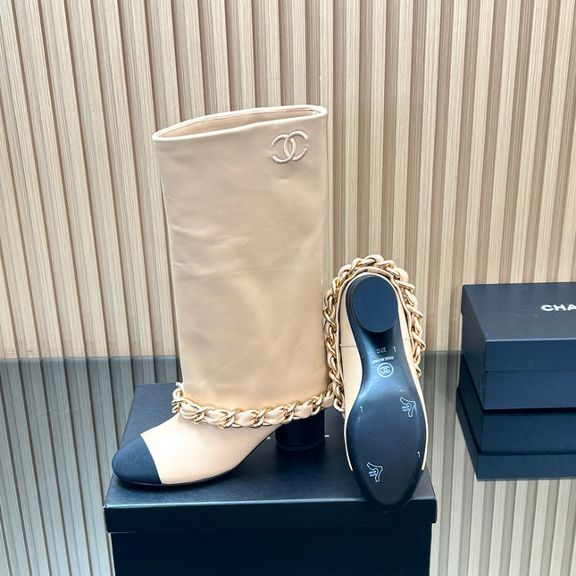 CHANEL 25S HIGH BOOTS 65MM IN BEIGE CALFSKIN GOLD HARDWARE