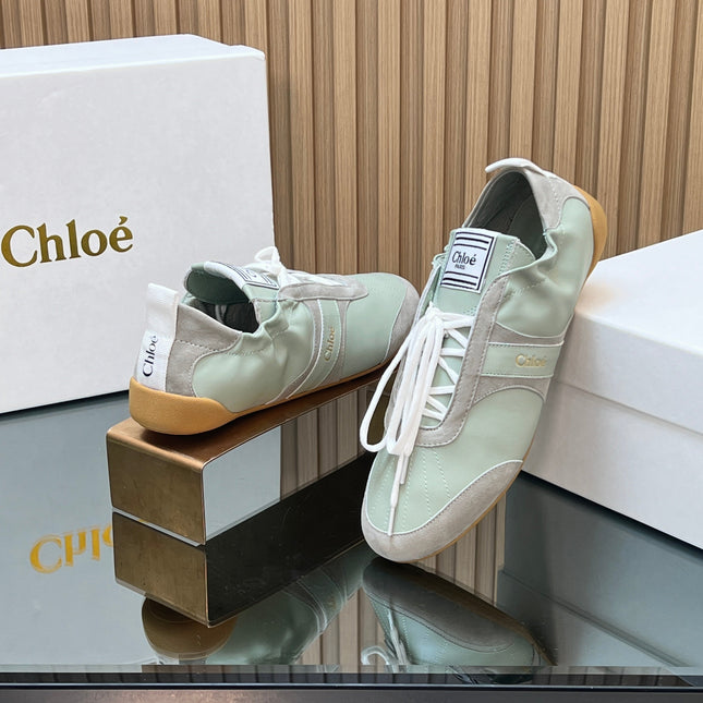 CHLOÉ 26S SNEAKERS IN LIGHT GREEN CALFSKIN AND GREY SUEDE