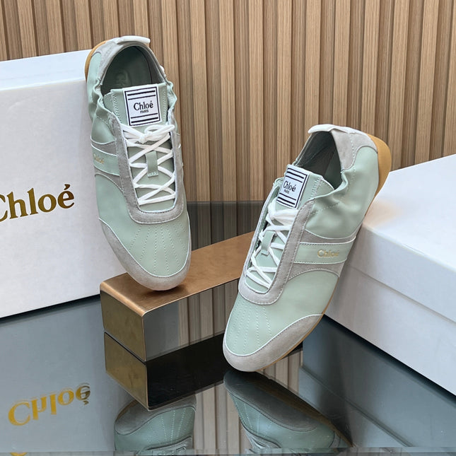 CHLOÉ 26S SNEAKERS IN LIGHT GREEN CALFSKIN AND GREY SUEDE