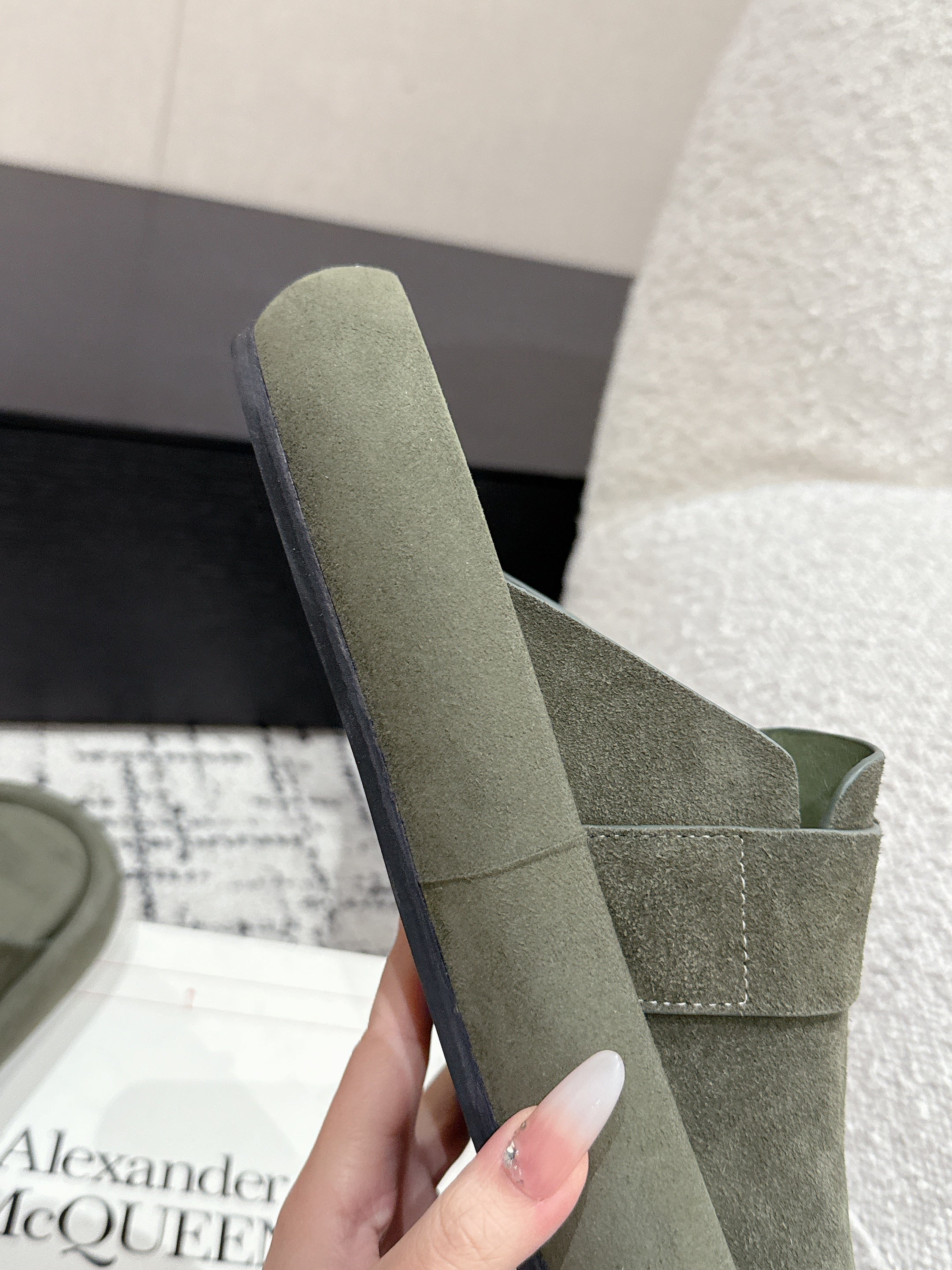 ARC CLOG MULES IN THYME GREEN SUEDE