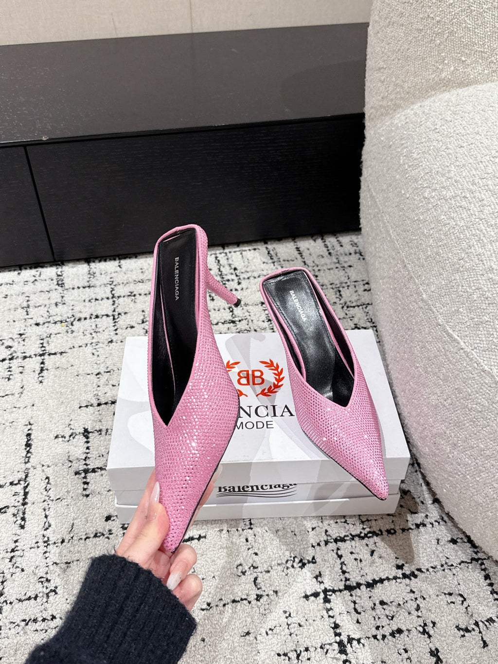 KNIFE 65MM HIGH MULE IN SHOCKING PINK SUEDE ATTACHED FULL CRYSTALS