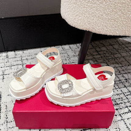 ROGER VIVIER 25S SLIDY VIV' WEDGE SANDALS 70 MM IN IVORY CALFSKIN EMBELLISHED CRYSTALS